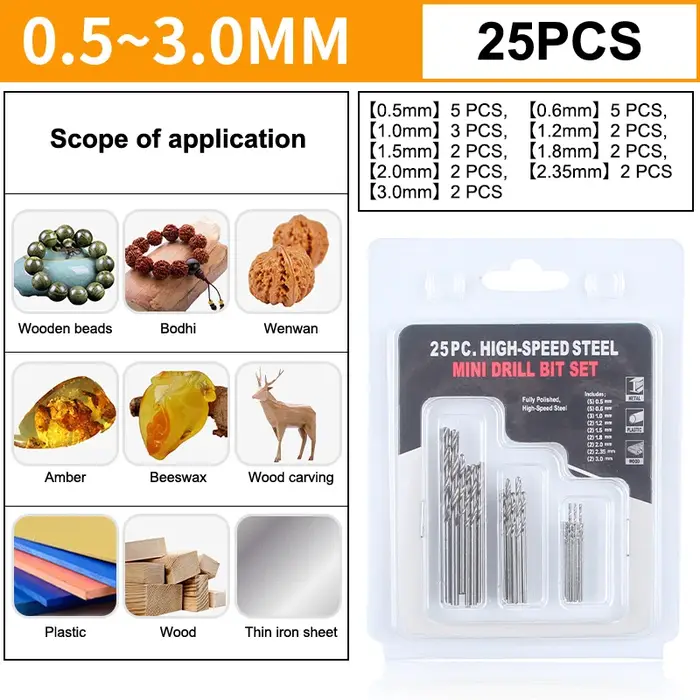 Kit d'outils de micro perçage pour le travail du bois et les circuits imprimés en PVC – Mini perceuse hélicoïdale de 20/25 pièces de 0,3-1,6 mm/0,5-3,0 mm