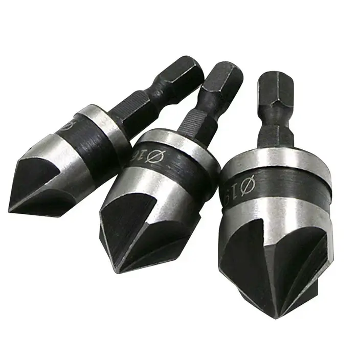 3PC Hexagonale Tige 90 Degrés Noir Cinq Lame Chanféreur 12/16/19mm Fraise Forage Bois Trou Ouvre Outil Ensemble