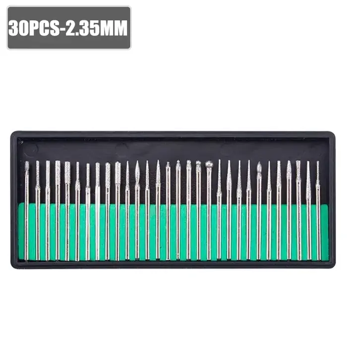 Jeu de 30 fraises diamantées avec étui – tige 2.35/3mm pour outils Dremel et rotatifs, forets de pol