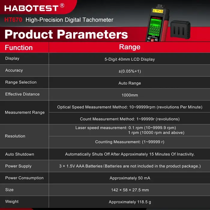 HABOTEST HT670 tachymètre Laser numérique compteur de tr/min sans Contact 2.5-99999 tr/min avec rétr