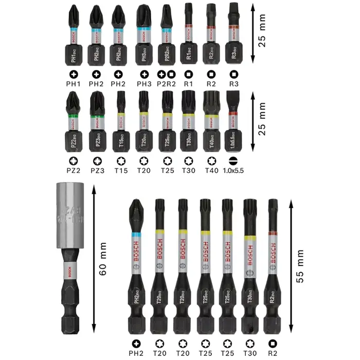 Jeu de 24 embouts de tournevis à percussion magnétiques BOSCH PRO pour perceuse