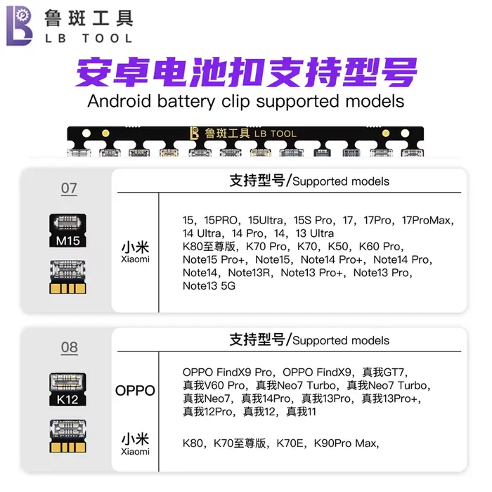 LB TOOL Clip flexible multi-modèles pour test de batterie Android – Outil de maintenance