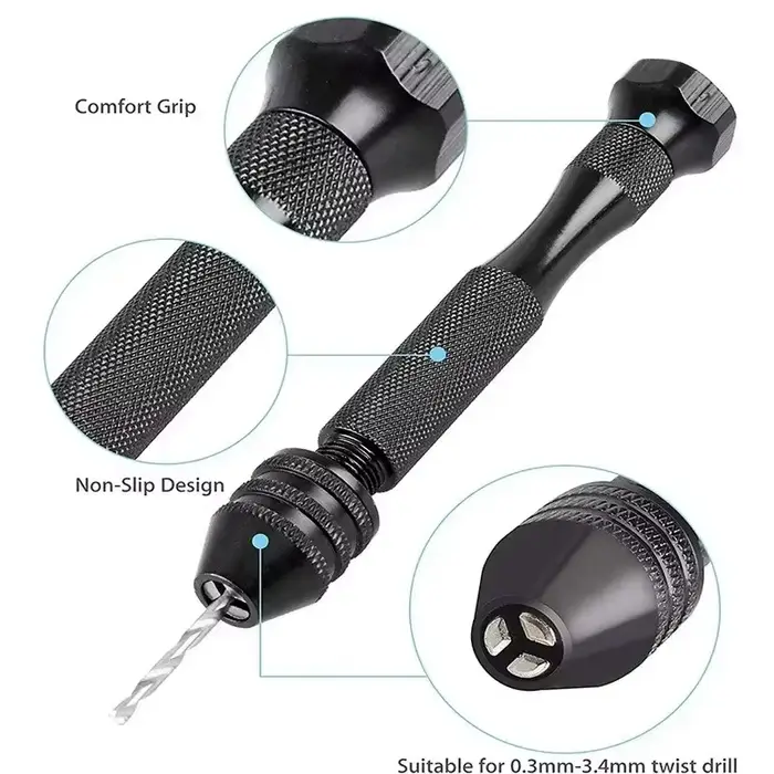 Mini ensemble d'outils avec perceuse hélicoïdale à main noire