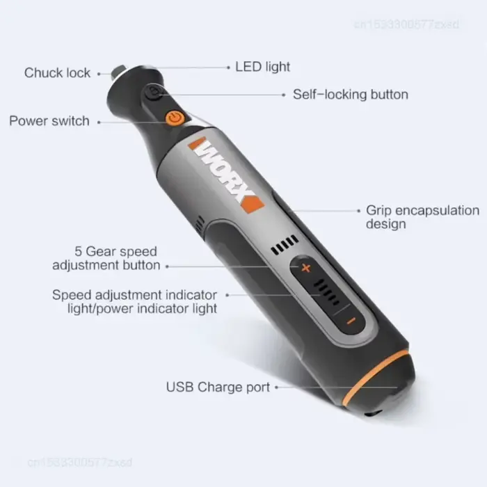 Worx 8V outil rotatif WX106/WX750 Mini perceuse sans fil gravure meulage Machine de polissage vitesse Variable ensemble d'outils électriques bricolage maison