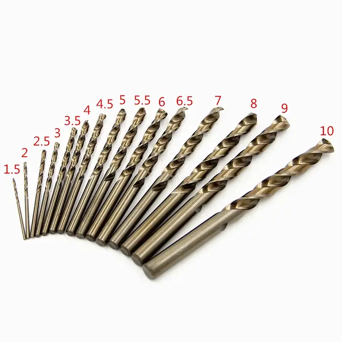 Lot de 15 forets hélicoïdaux M35 en cobalt, jaune torréfié, à queue droite, 1,5-10 mm, en acier rapi