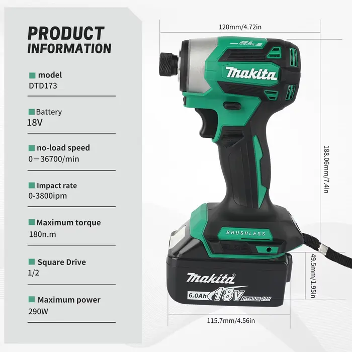 Makita DTD173 Visseuse à chocs sans balais | 180 Nm de couple maximal avec mode T pour le travail du bois, des boulons et des métaux