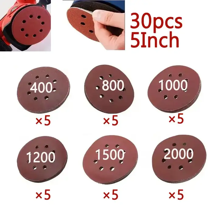 30 pièces 5 pouces 8 trous disques abrasifs crochet et boucle papier de verre adhésif 125MM pour ponceuse orbitale aléatoire 400-2000 grains feuille Abrasive