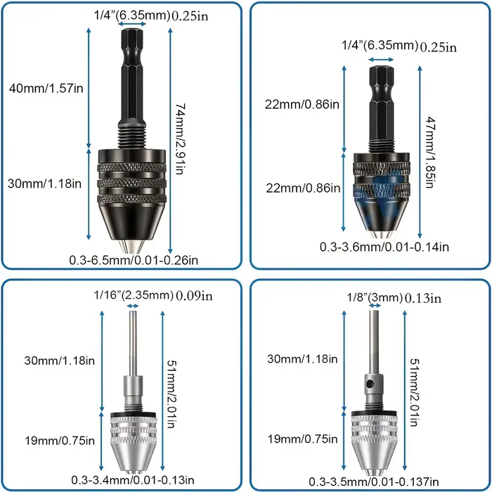 Mandrin de perçage sans clé, 1/4, 1/8, 1/16 pouces, tiges hexagonales et rondes, petit adaptateur de