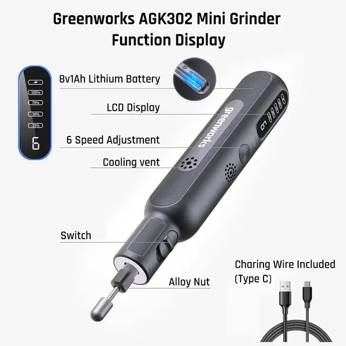 Greenworks 8V Mini meuleuse 52 pièces 80W meulage électrique gravure sans fil vitesse Variable batterie au Lithium outils électriques chargeur USB