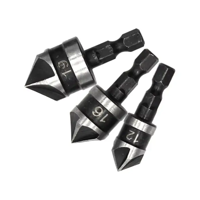 3PC Hexagonale Tige 90 Degrés Noir Cinq Lame Chanféreur 12/16/19mm Fraise Forage Bois Trou Ouvre Outil Ensemble