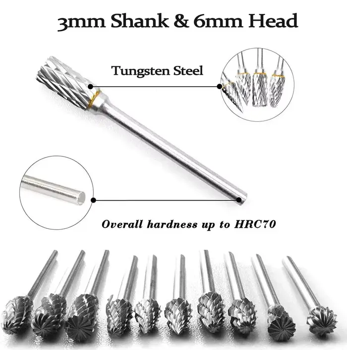10 pièces 3mm tige en acier au tungstène fraise diamant coupe rotatif Dremel outils électrique meulage outil