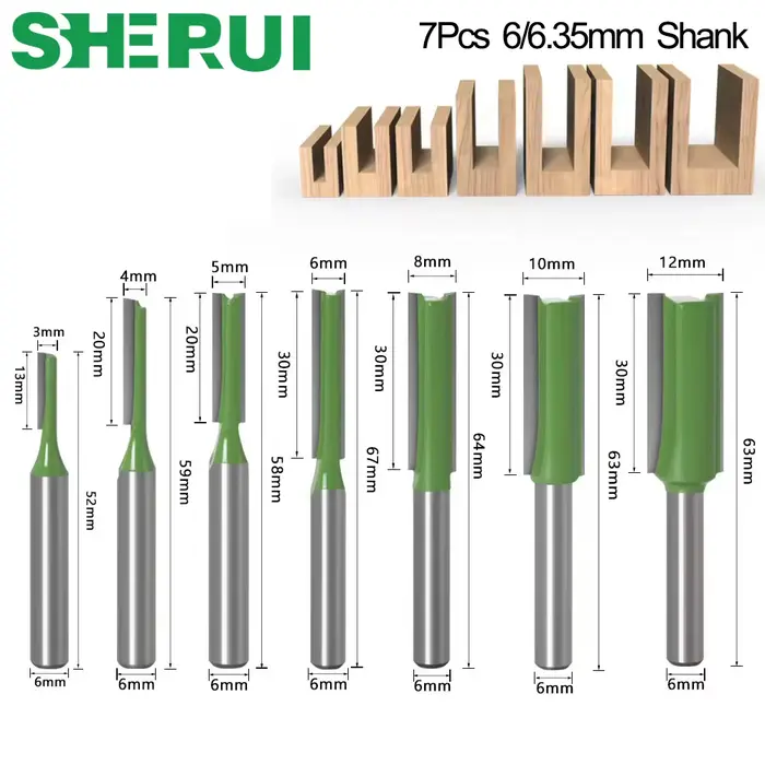 7 pièces 1/4 "6mm tige simple Double cannelure foret droit fraise pour bois 6MM carbure de tungstène