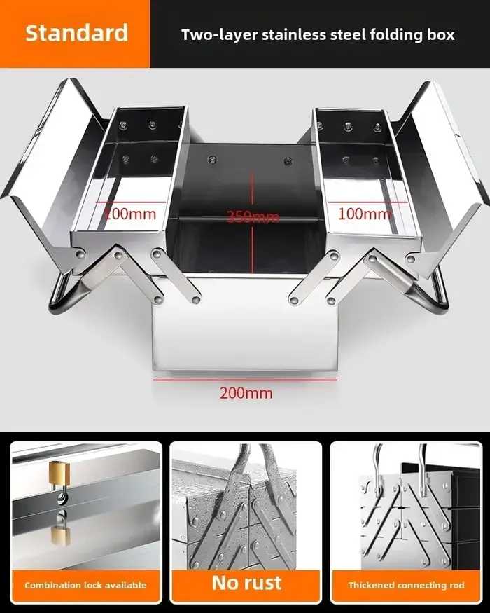 Boîte à outils en acier inoxydable pour usage industriel et domestique avec conception pliable et espace de rangement à 3 couches DC