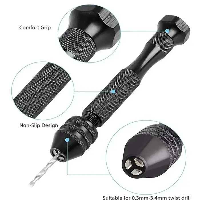 Mini kit d'outils avec perceuse manuelle noire 10 pièces pour le travail du bois