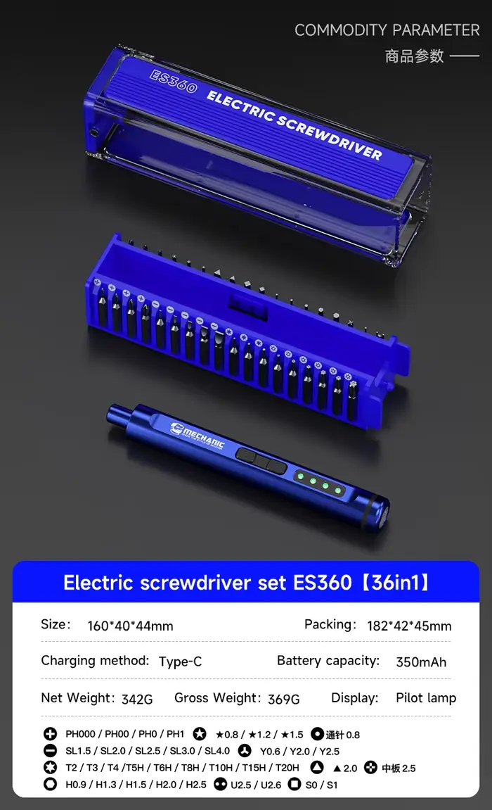Mécanicien ES360 36-en-1 ensemble d'outils tournevis électrique avec lumière LED embouts magnétiques