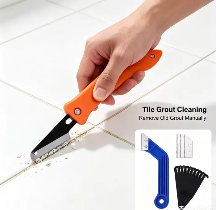 Kit de 22 outils de déjointage, comprenant une scie à joint manuelle, une brosse de nettoyage pour joints de carreaux en céramique et un outil de finition des joints pour sols et cuisines