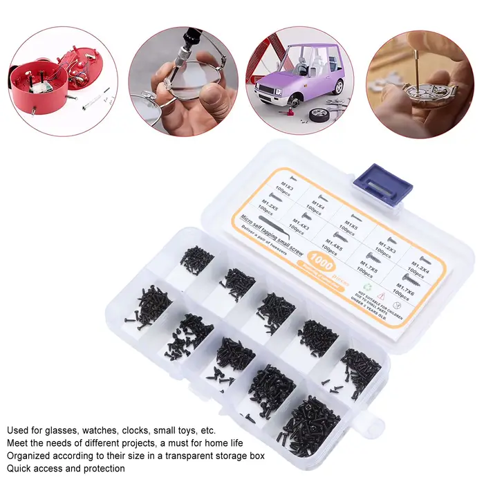 Assortiment de petites vis autotaraudeuses M1 M1.2 M1.4 M1.7 noires à tête cylindrique avec pincettes