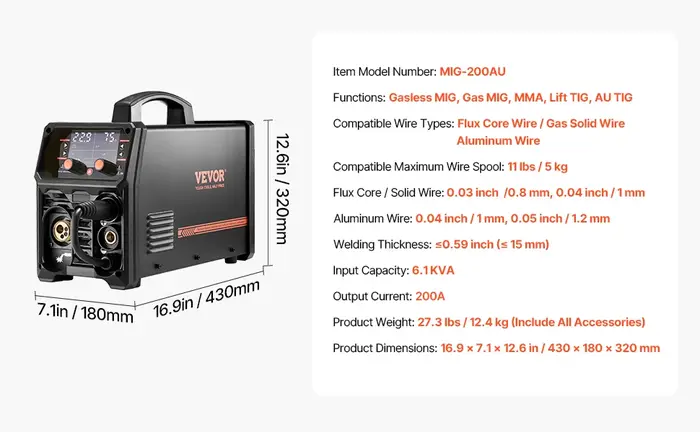 5 en 1 soudeuse MIG 200Amp Pluse Mig Machine de soudage gaz MIG/Flux Core MIG/Stick/ascenseur TIG/AU TIG avec é