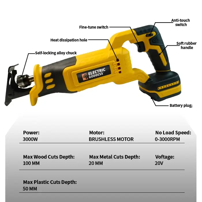 Scie alternative électrique de déesse 3000W pour la broche de batterie Dewalt 20V ﻿ Outil