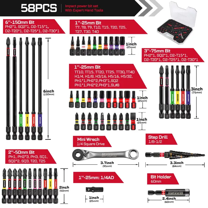 Geinxurn 58 pièces ensemble d'outils emballés avec des embouts de tournevis à percussion, Mini Wrech