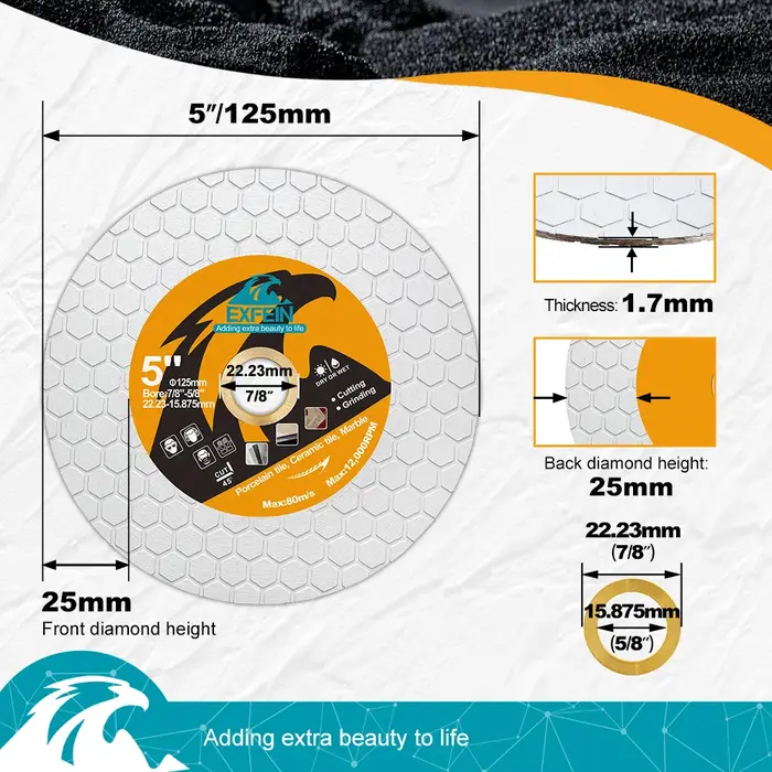 Disque de coupe diamanté EXFEIN 125 mm double face pour carrelage céramique et porcelaine