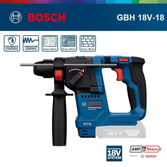 Marteau perforateur portable Bosch GBH 18V-18 / 18X 18V, conception ergonomique pour le montage mural sur chantier et les opérations de maintenance de bâtiments