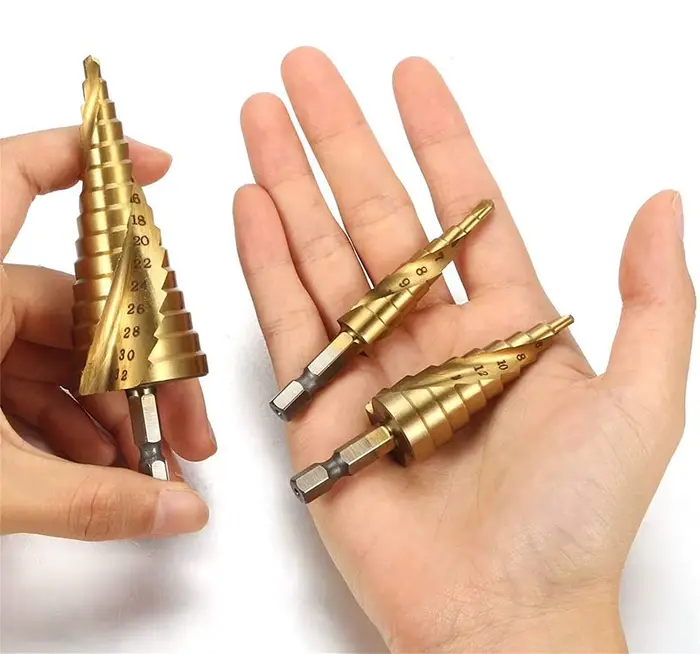 Jeu de forets étagés HSS coniques métriques, revêtement titane, pour métal et bois, à queue hexagonale