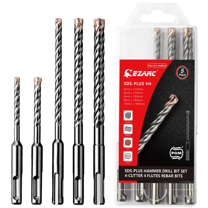EZARC Foret de maçonnerie 5PC SDS-Plus Forets à percussion 4 embouts en carbure pour béton renforcé