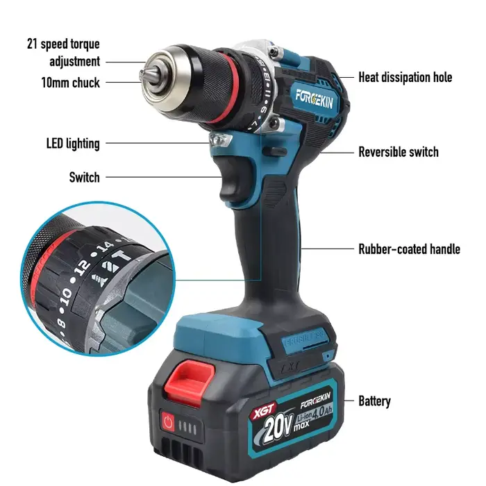 FORGEKIN Perceuse-visseuse sans fil à batterie lithium-ion, outil de perçage électrique rechargeable pour bricolage domestique, compatible avec les batteries Makita