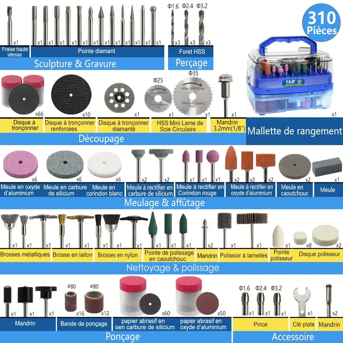 Kit d'accessoires pour mini-perceuse 310 pièces