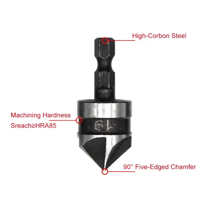 3PC Hexagonale Tige 90 Degrés Noir Cinq Lame Chanféreur 12/16/19mm Fraise Forage Bois Trou Ouvre Outil Ensemble