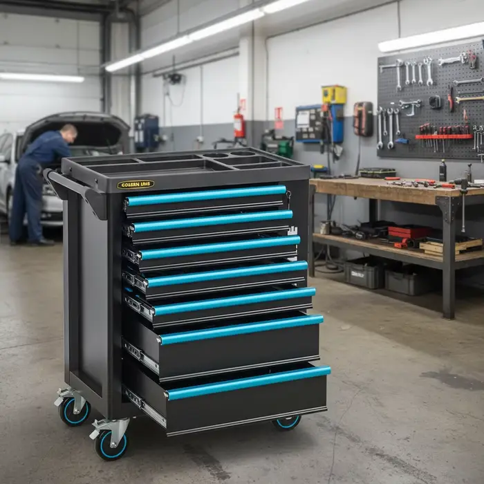 Chariot d'atelier à 7 tiroirs, armoire à outils roulante verrouillable en acier pour kit de réparati