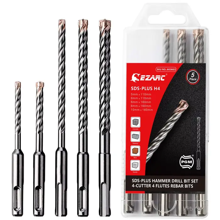 EZARC Foret de maçonnerie 5PC SDS-Plus Forets à percussion 4 embouts en carbure pour béton renforcé,