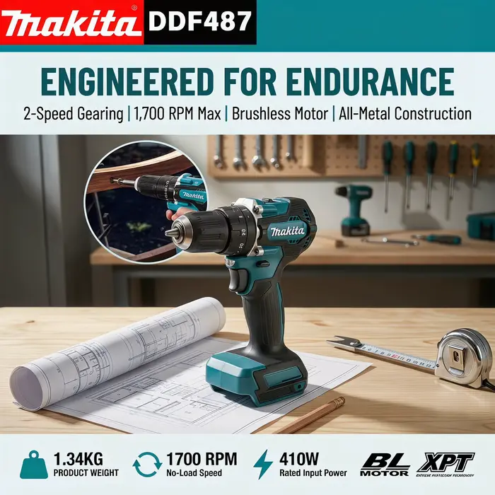 Makita DDF487 perceuse-visseuse sans balais 18V 40Nm 1700RPM 13mm mandrin sans clé XPT double LED pour outil à batterie