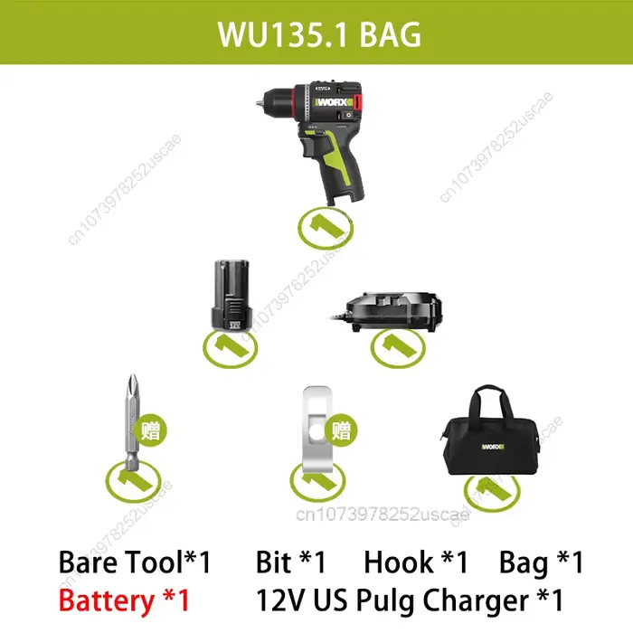 Perceuse électrique sans fil WORX WU135, nouveau Style 2025Y, 12V, 50nm, 1800 tr/min, moteur sans ba