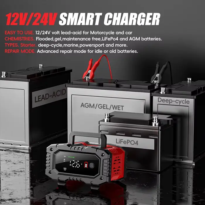 Chargeur intelligent de batterie de voiture et de moto FOXSUR 20A/10A 12V/24V pour batteries au plomb-acide et LiFePO4