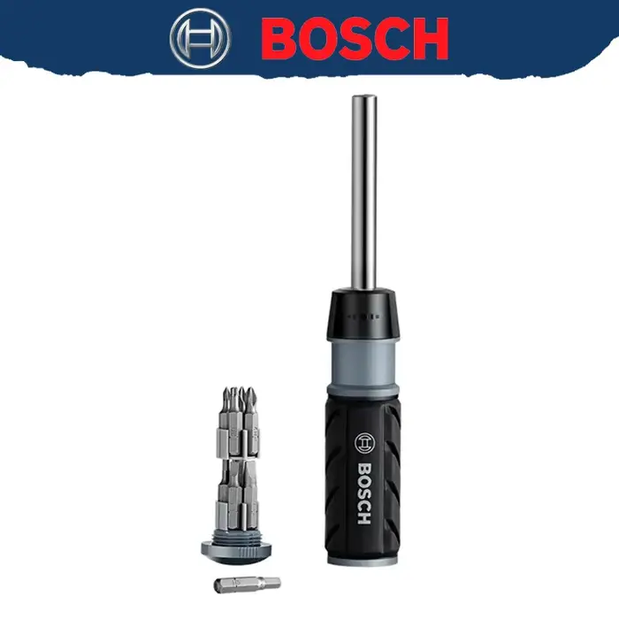 BOSCH 2607017653 Ensemble de tournevis intégré à cliquet à une main, multifonctionnel avec neuf têtes de tournevis, outil manuel