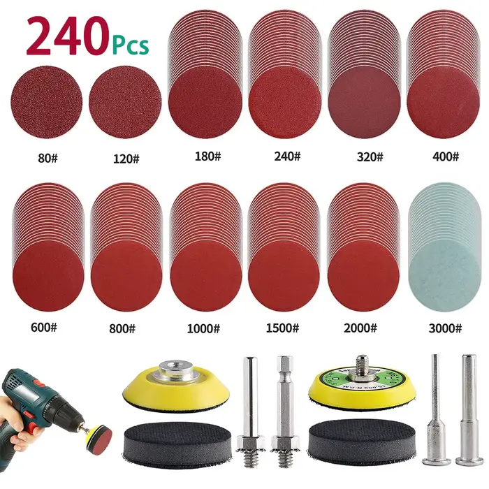 240 pièces 2 pouces 50mm disques de ponçage tampons ensemble 80-3000 grain abrasif tampon de polissage Kit pour Dremel outil rotatif papiers de verre accessoires