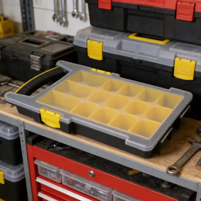 Boîte à outils en plastique robuste à 14 compartiments