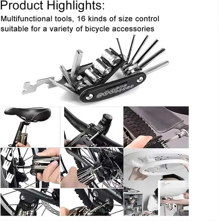 Kit d'outils de réparation de vélo portable 16 en 1 pour VTT et vélos de route