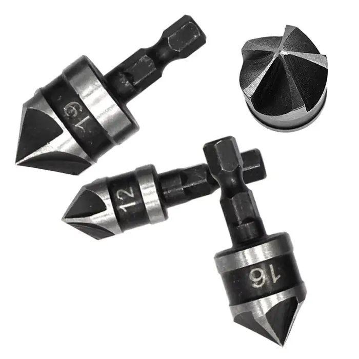3PC Hexagonale Tige 90 Degrés Noir Cinq Lame Chanféreur 12/16/19mm Fraise Forage Bois Trou Ouvre Outil Ensemble