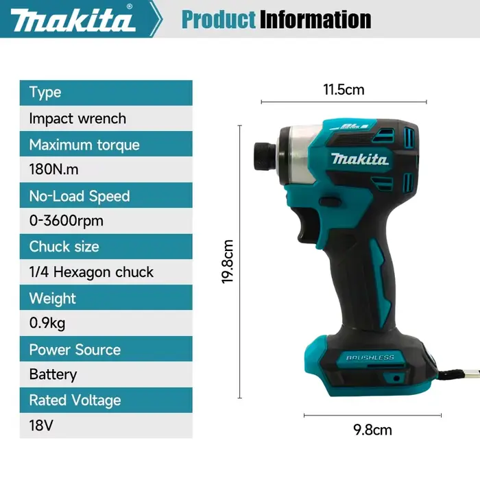 Makita DTD173 18V Visseuse à percussion sans fil 180N.m Perceuse électrique sans balais Tournevis LED Outils électriques multifonctions pour la maison