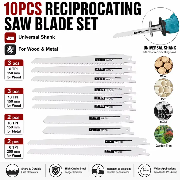Lot de 10 lames de scie sabre multi-marques compatibles pour la coupe du bois