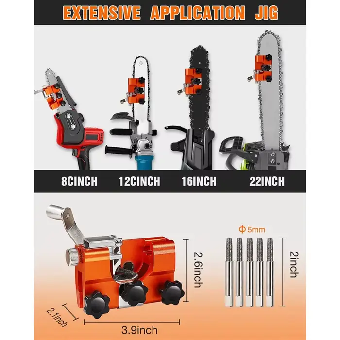 Kit d'affûtage de chaîne de tronçonneuse Portable, gabarit d'affûtage de tronçonneuse en alliage d'aluminium avec 5 tiges d'affûtage pour scies à chaîne et électriques