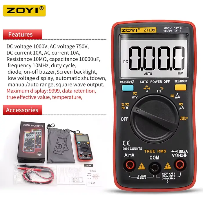 ZOYI-Multimètre électrique numérique ZT109/111, 6000 points, testeur de tension de courant CC/CA, Tr